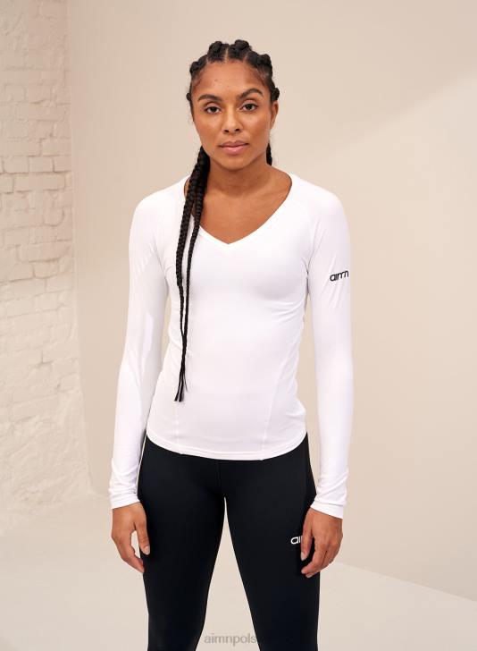 odzież JF4L397 kobiety AIM'N biały, miękki, podstawowy, z długim rękawem i dekoltem w kształcie litery V