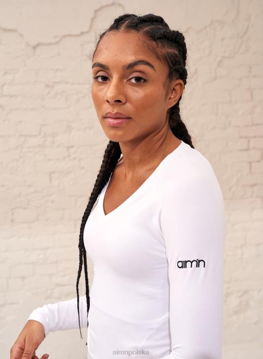 odzież JF4L397 kobiety AIM'N biały, miękki, podstawowy, z długim rękawem i dekoltem w kształcie litery V