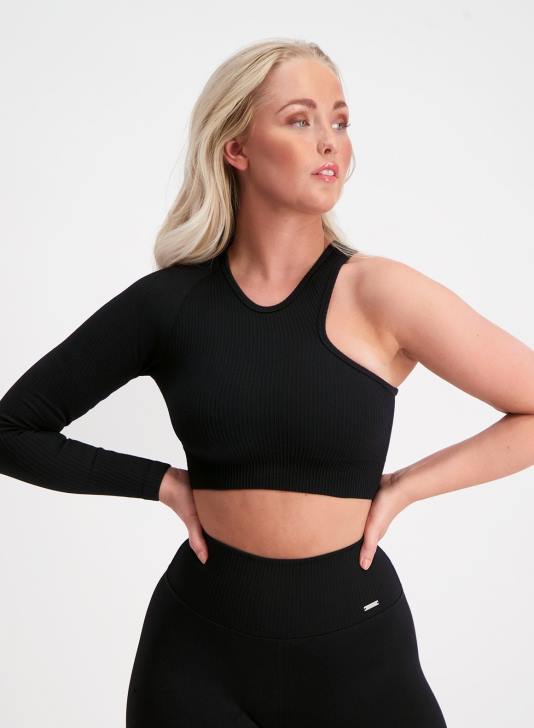 odzież JF4L431 kobiety AIM'N Czarny, prążkowany, bezszwowy, krótki rękaw z wycięciem