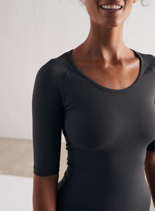 odzież JF4L387 kobiety AIM'N Ciemnoszary, prążkowany, krótki rękaw z wycięciem pod szyją