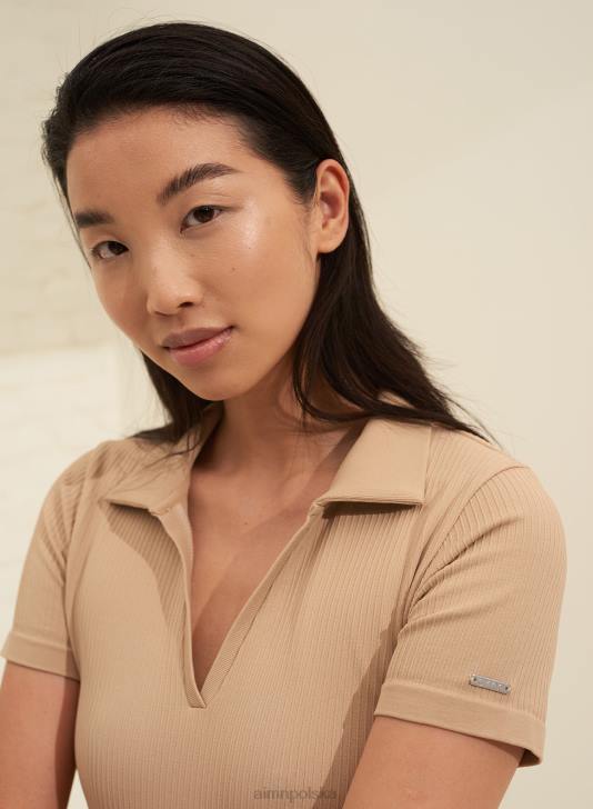 odzież JF4L620 kobiety AIM'N solidna beżowa, prążkowana, bezszwowa sukienka polo