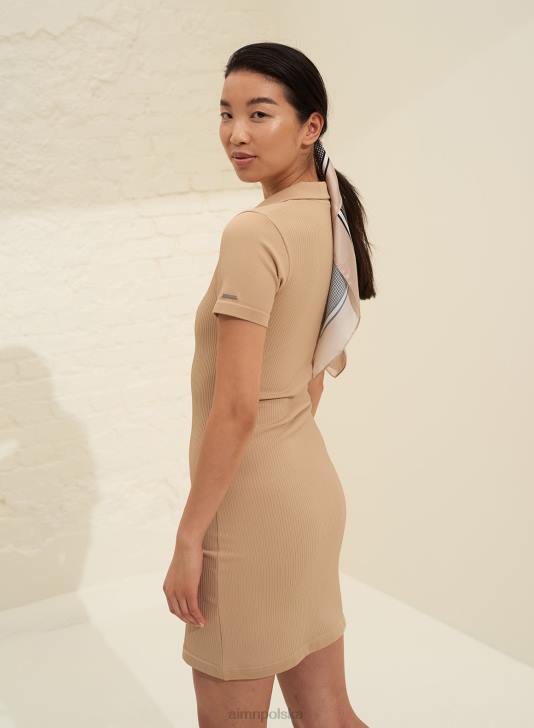odzież JF4L620 kobiety AIM'N solidna beżowa, prążkowana, bezszwowa sukienka polo