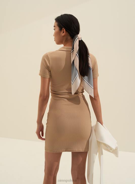 odzież JF4L620 kobiety AIM'N solidna beżowa, prążkowana, bezszwowa sukienka polo