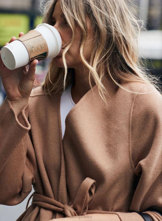 odzież JF4L730 kobiety AIM'N Camelowy, krótki, wełniany płaszcz z paskiem